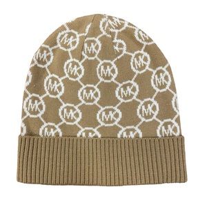 Michael Kors Women's Camel & Cream Jetset Brand Logo Print Cuffed Beanie Hat